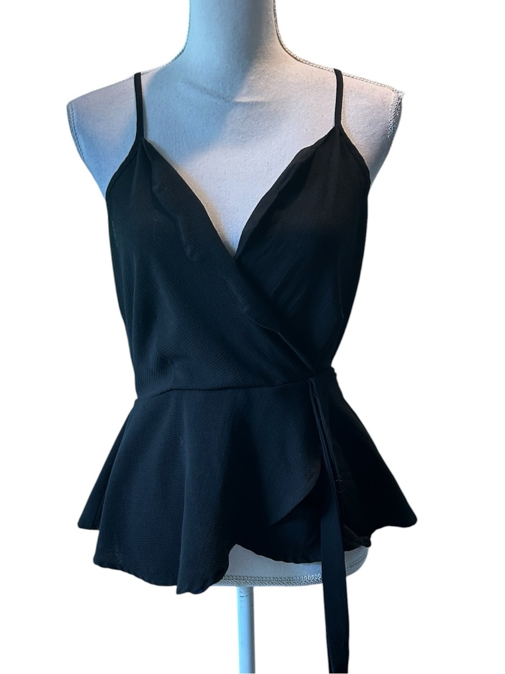Black Wrap Peplum Camisole with Tie-Front